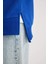 Kadın Mavi Oversize Fit Geniş Kesim Polo Yaka Düz Basic Pamuklu Sweatshirt B7834AXNS 6