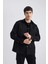 %100 Pamuk Relax Fit Polo Yaka Gabardin Uzun Kollu Siyah Gömlek C1477AX24SP 8