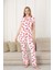 Kadın Önden Düğmeli Kısa Kol Likralı Kalp Baskılı Pijama Takımı 2