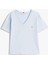 Kadın Slub Crop V-Yaka Kısa Kol T-Shirt - Açık Mavi 5