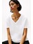 Kadın Crop V Yaka Kısa Kollu T-Shirt - Ekru 2