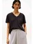 Kadın Slub Crop V-Yaka Kısa Kol T-Shirt - Siyah 1
