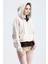 Ekru Essentials Fit Kadın Zip Hoodie %100 Pamuk Kapüşonlu Düşük Omuzlu Fermuarlı Kanguru Cepli 2