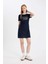 Coool Bodycon Vücuda Oturan Bisiklet Yaka Baskılı Fitilli Kaşkorse Kısa Kollu Mini Siyah Elbise D4502AX24AU 6