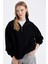 Oversize Geniş Kalıp Fermuarlı Dik Yaka Cepli Basic Düz Kalın Siyah Sweatshirt D7206AX24WN 1