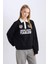 Coool Oversize Geniş Kalıp Polo Yaka Düğmeli Baskılı Siyah Sweatshirt D6693AX24WN 6