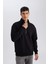 Siyah 3 İplik Pamuklu Şardonlu İçi Polarlı Comfort Regular Fit Rahat Kalıp Dik Yaka Fermuarlı Kalın Sweatshirt D9067AXNS 6