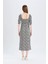 Bodycon Vücudu Saran Kare Yaka Çiçek Desenli Bürümcük Yarım Kol Midi Elbise Z5262AZ25SP 6