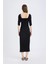Bodycon Vücudu Saran Kare Yaka Yırtmaçlı Basic Düz Bürümcük Yarım Kol Siyah Midi Elbise E0885AX25SP 6