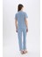 Pijama Takımı Çizgili Kısa Kollu Üst Esnek Belli Uzun Alt-Fall in Love E0275AX25SP 7