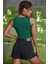 Kadın Yeşil Kare Yaka Crop Top Bluz 2