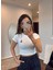 Kadın Beyaz Bisiklet Yaka Yumuşak Dokulu %100 Pamuklu Örme Kaşkorse Fitilli Basic Nakışlı Crop Bluz 1