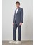 Erkek Lacivert Poliviskon Trend Çizgili Slim Fit Mono Yaka Takım Elbise 4