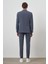 Erkek Lacivert Poliviskon Trend Çizgili Slim Fit Mono Yaka Takım Elbise 6