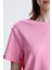 Pembe Regular Fit Basic Kadın T-Shirt %100 Pamuk Yırtmaçlı Kısa Kol Bisiklet Yaka Düz Renk 2
