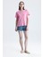 Pembe Regular Fit Basic Kadın T-Shirt %100 Pamuk Yırtmaçlı Kısa Kol Bisiklet Yaka Düz Renk 3