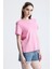 Pembe Regular Fit Basic Kadın T-Shirt %100 Pamuk Yırtmaçlı Kısa Kol Bisiklet Yaka Düz Renk 4
