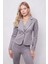 Kadın Kadife Likralı Yumuşak Dokulu Flato Cepli Uzun Kol Düğmeli Blazer Mono Ceket-Gri 3