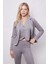 Kadın Kadife Likralı Yumuşak Dokulu Flato Cepli Uzun Kol Düğmeli Blazer Mono Ceket-Gri 4