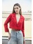 Kadın Kruvaze Anvelop Hafif Likralı Kumaş Crop Kısa Blazer Ceket-Kırmızı 2