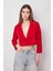Kadın Kruvaze Anvelop Hafif Likralı Kumaş Crop Kısa Blazer Ceket-Kırmızı 4