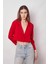 Kadın Kruvaze Anvelop Hafif Likralı Kumaş Crop Kısa Blazer Ceket-Kırmızı 5