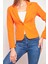 Yakalı Flato Cepli Uzun Kol Pamuklu Kumaş Hafif Likralı Kısa Blazer Ofis Ceket-Oranj 2