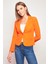 Yakalı Flato Cepli Uzun Kol Pamuklu Kumaş Hafif Likralı Kısa Blazer Ofis Ceket-Oranj 3
