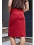 Kadın Yüksek Bel Düğme Detaylı Yırtmaçlı Diz Altı Hafif Likralı Kumaş Kalem Etek-Kırmızı 4