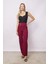 Kadın Yüksek Bel Önü Dikişli Kemeri Düğmeli Rahat Paça Hafif Likralı Kumaş Ofis Pantolon-Bordo 2