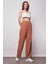 Keten Yüksek Bel Beli Lastikli Yan Cepli Bol Paça Pantolon -Camel 3