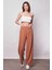 Keten Yüksek Bel Beli Lastikli Yan Cepli Bol Paça Pantolon -Camel 1