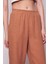 Keten Yüksek Bel Beli Lastikli Yan Cepli Bol Paça Pantolon -Camel 5