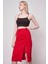 Kadın Dantel Detaylı Önü Büzgülü Yırtmaçlı Diz Altı Likralı Krep Kumaş Etek-Kırmızı 5