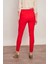 Kalın Kemerli Süs Cepli Bilek Boy Likralı Kumaş Pantolon-Kırmızı 4