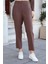 Kadın Likrasız Modal Kumaş Yüksek Bel Beli Lastikli Yan Cepli Dar Paça Bilek Boy Pantolon-Kahve 3
