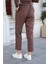 Kadın Likrasız Modal Kumaş Yüksek Bel Beli Lastikli Yan Cepli Dar Paça Bilek Boy Pantolon-Kahve 5