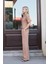 Kadın Esnek Kırınkıl Kumaş Yüksek Bel Beli Lastikli Yan Cepli Bol Paça Palazzo Pantolon-Camel 5