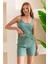 İp Askılı Şortlu Kaşkorse Kadın Pijama Takımı Pamuk Karışımlı Kumaş Çağla - 6015 5