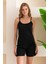 İp Askılı Şortlu Kaşkorse Kadın Pijama Takımı Pamuk Karışımlı Kumaş Siyah - 6015 3