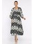 Kadın Kruvaze Yaka Bel Lastikli Yarasa Kol Yırtmaç Detaylı Desenli Elbise P-00017808 1
