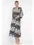 Kadın Kruvaze Yaka Bel Lastikli Yarasa Kol Yırtmaç Detaylı Desenli Elbise P-00017808 2