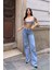 Yüksek Bel Yırtık Detaylı Bol Paça Pantolon - Denim Denim - 28 1