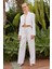 Premium Seri Beyaz Keten Crop Ceket Pantolon Takım 1