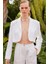 Premium Seri Beyaz Keten Crop Ceket Pantolon Takım 2
