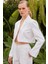Premium Seri Beyaz Keten Crop Ceket Pantolon Takım 3
