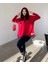 Kadın Kırmızı Kapşonlu Etek Ucu Detay Arma Ters Dikiş Gorunumlu Ikili Takım 1