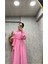 25Y3435 Elbise Gömlek Yaka Müslin Kumaş Yarım Düğmeli Yandan Bağlamalı - Vishne - 25Y3435 - Pembe - 42 2