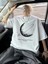 Baskılı Oversize Bisiklet Yaka T-Shirt - Beyaz 2