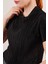 Fitilli Kısa Kollu Parlak Siyah Bluz 2